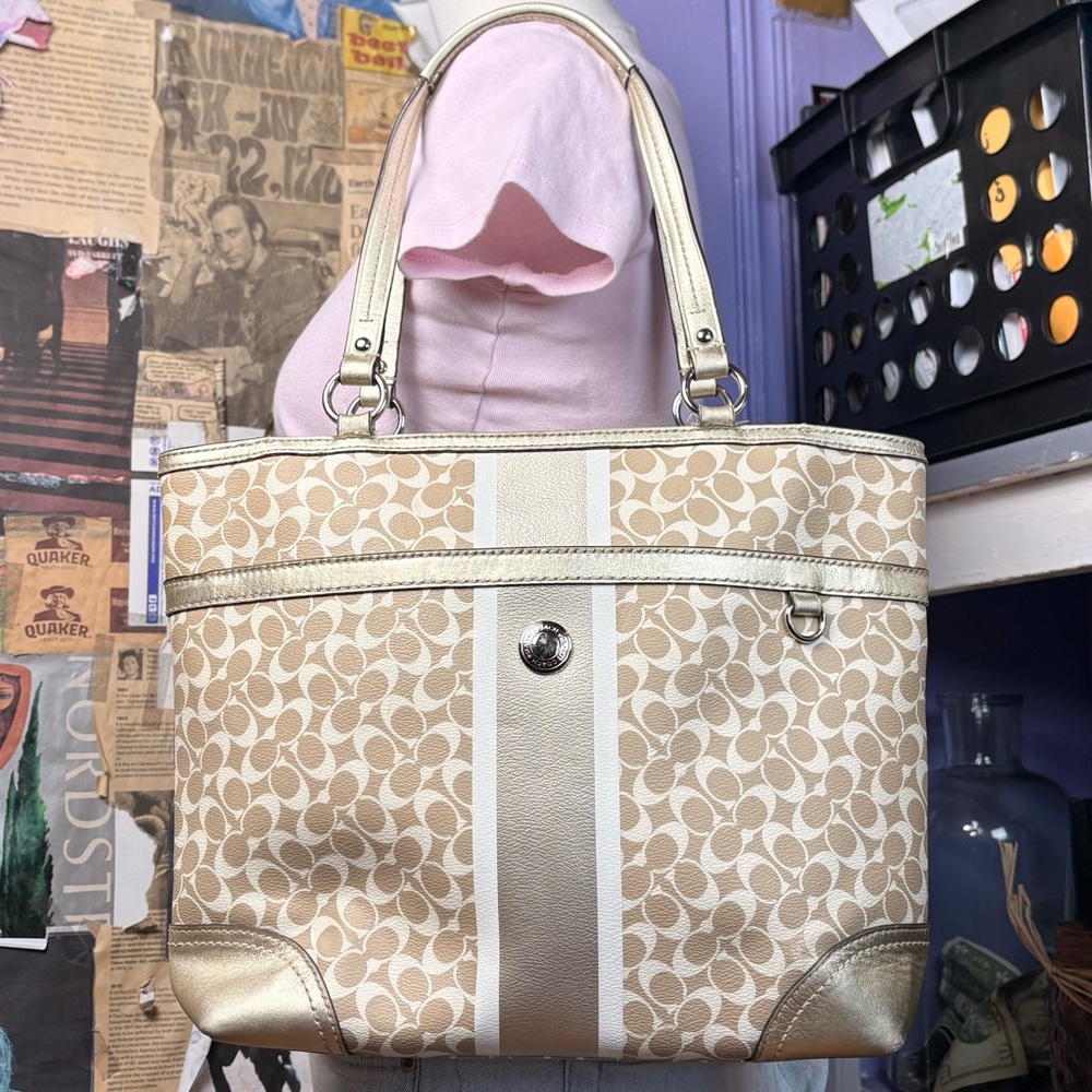Coach Signature Stripe Zip Tote Bag
